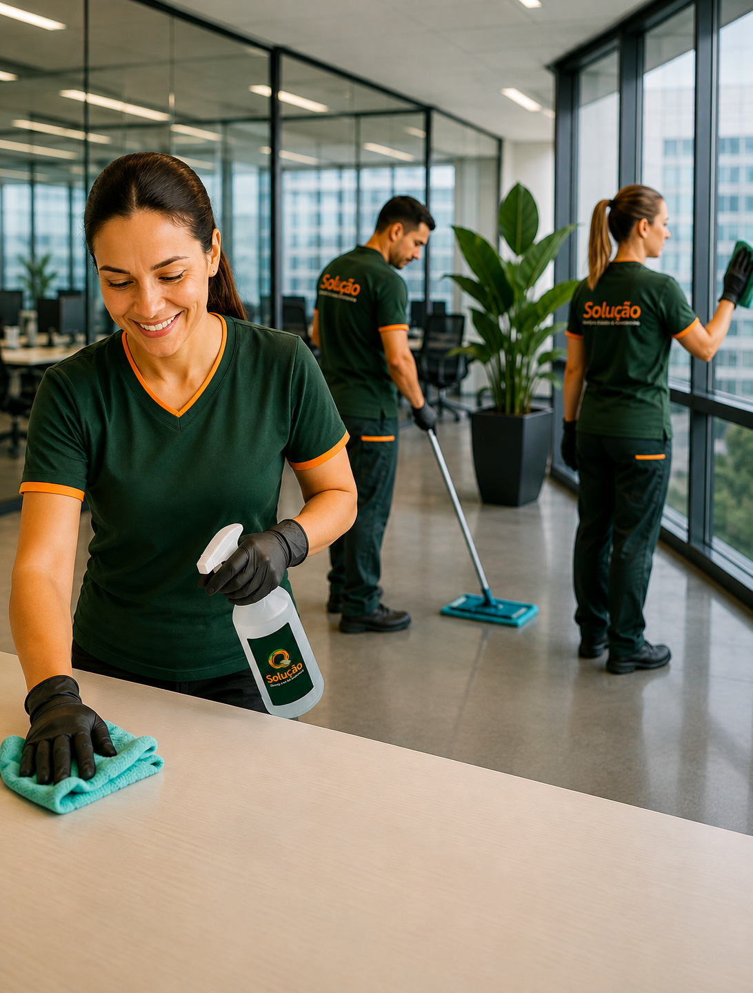 Equipe da Q Solução realizando limpeza em escritório